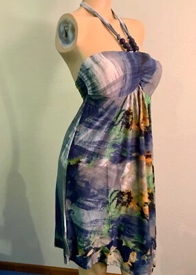 Christina Love Mujer Vestido Azul Patrón Abstracto Bandeau Cuentas Halter S M L XL Foto 1 de 3