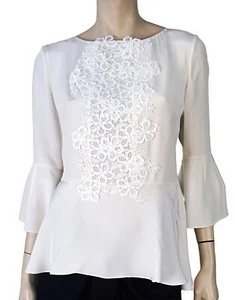 OSCAR DE LA RENTA F/W '16 sz 8 Lace Trimmed Bell Sleeve Ivory Silk Peplum Blouse - Picture 1 of 4