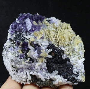 1.35lb Natural Cube Purple Fluorite Cassiterite symplesite Crystal Specimen - Picture 1 of 9
