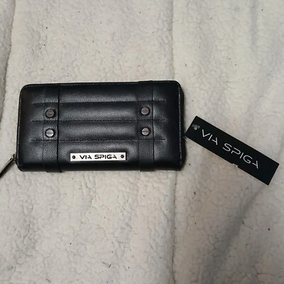  Via Spiga Style ; VLSG- 10004 Black 100% Leather Zip Wallet  Foto 1 de 4