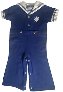 Vintage 70s 80s Doe-Spun Baby Boys Sailor Costume Sz 24 Months Navy Blue Knit - Picture 1 of 13