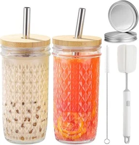 Boba Cup Reusable Bubble Tea Cup Glass Cups Set 2 PCS Mason Jar Cups - Picture 1 of 3