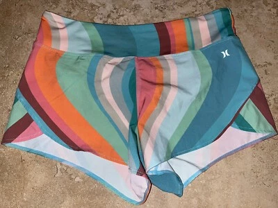 NUEVO CON ETIQUETAS Hurley Mujer X Moore Aloha Retro Onda 2.5" Cintura Suave Rayas Boardshorts Pequeño Foto 1 de 2