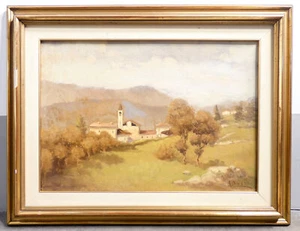 ⚜️ QUADRO FIRMATO PAESAGGIO MONTAGNA CHIESETTA BORGO DIPINTO OLIO EPOCA 1800 - Imagen 1 de 6