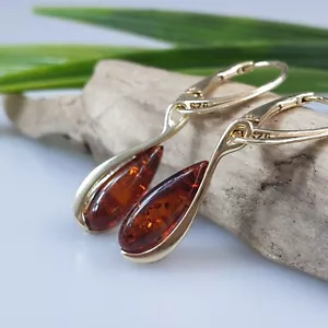 Joyería real oro pendientes de ámbar pieza noble cristal pequeñas gotas palanca - Imagen 1 de 8