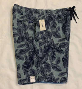 NWT, R.O.W.M Men's Leaf Printed 8" Inseam Chambray Shorts-Teel- 2XL. - Picture 1 of 4