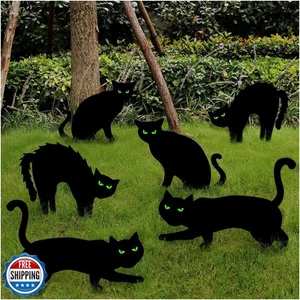 Ivenf Decorazioni Halloween da Esterno, 6ct Decorazione Gatto Nero Insegne da Giardino con Palo - Foto 1 di 5