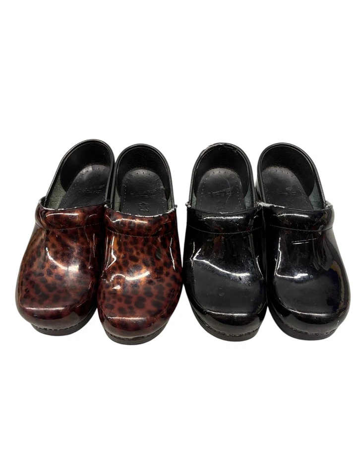 Zuecos profesionales Dansko para mujer 37 EE. UU. 6,5 charol negro y charol de leopardo marrón Foto 1 de 4