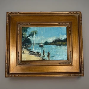 Impressionistic Original Vintage Shoreline Oil Painting on Canvas Framed Signed - Picture 1 of 11