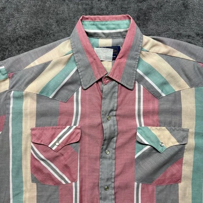 Винтажная мужская тонкая рубашка Panhandle 17,5x36 красный серый пастельный с длинным рукавом жемчужная застежка - Изображение 1 из 4