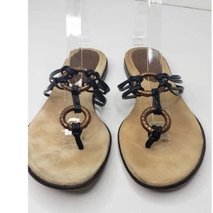 Isabella Fiore Leather Ring Thong Flip Flop Flats Black Bronze Strappy Sandals 6 - Picture 1 of 8