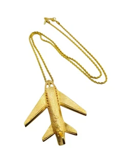 Vintage Kenneth Lane Textured Matte Gold Airplane Pendant/Brooch Necklace - Picture 1 of 5