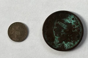 US Trime 1852 Silver Three Cent Coin & 1820 Large Cent Coronet Head One Penny - Picture 1 of 9