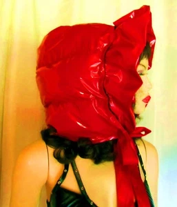 Daunenmütze Lackmütze Lackhaube Daune Rüschen Bindeband glänzend Vinylhood  - Picture 1 of 12