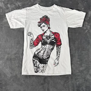Tattooed Pinup Girl Graphic T-Shirt Small White Rockabilly Vintage Style Tee - Picture 1 of 5