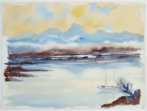Ernest Andrews (1896-1977), Aquarell. Bergige Flusslandschaft, Segelboot - Bild 1 von 1