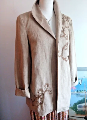 Blazer de lino Coldwater Creek frente abierto cárdigan chaqueta bordada topo talla 10 Foto 1 de 4