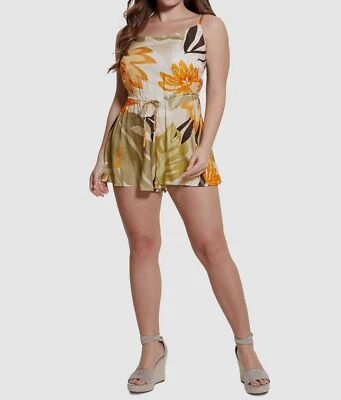 Guess Women's Green Floral Scoop Neck Sleeveless Drawstring Romper Size XL - Image 1 of 4