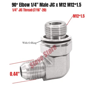 Hydraulic Fitting 90° Elbow 1/4"(7/16"-20) Male JIC x M12 M12*1.5 Male O-Ring - Picture 1 of 3
