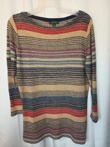 LRL Ralph Lauren Southwestern Stripe Linen Crochet Sweater XL Beachy Knit Boat - Picture 1 of 8