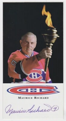 MAURICE "THE ROCKET" RICHARD SIGNED  OLYMPIC TORCH 4"X8" PHOTO W/STATS JSA CERT - Image 1 of 3