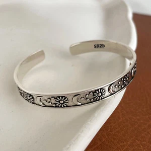 Sun Moon Bangle Bracelet 925 Sterling Silver Bangle Bracelet - Picture 1 of 5