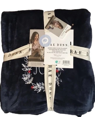 RAE DUNN “JOY” Wreath QUEEN Size PLUSH NAVY BLUE BLANKET 90”X90” Christmas NWT - Image 1 of 4