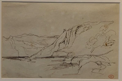 Dessin à la plume par Paul Huet (1803-1869) : Lac et montagne - Photo 1/4
