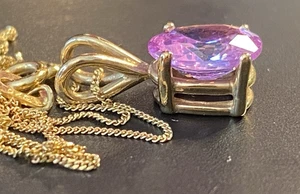 Stunning 9ct Amythist / Pink Tourmaline Pendant On Fine 9ct Gold Chain - Picture 1 of 12