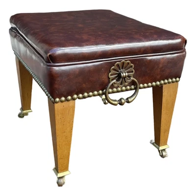 1960s Loeblein Creations Traditional Regency Burgundy & Brass Ottoman Footstool - Image 1 of 4