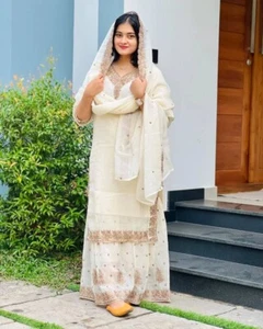 Beautiful White Crunchy Silk Kurta Palazzo With Dupatta For Women & Girls - Picture 1 of 13