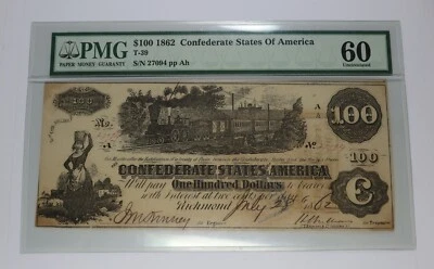 1862 PMG UNC 60 | Confederate States of America - One Hundred $100 Note #35738F - Image 1 of 2