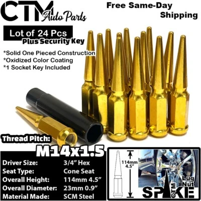 24x 4.5" Tall Gold 14x1.5 Spike Lug Nuts + Key Fit GMC Sierra Savana Yukon - Image 1 of 4