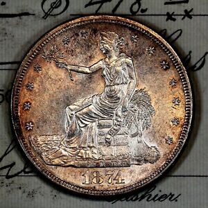 * 1874-S * NEAR+ GEM BU MS TONED TRADE SILVER DOLLAR * FROM ORIGINAL COLLECTION