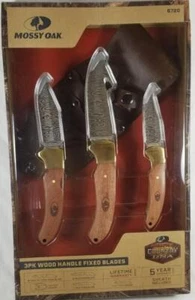 Mossy Oak 3 Pack Wood Handle Fixed Blades Pocket Knives w Sheath Gift Set 7 8 9" - Picture 1 of 4