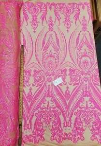 Iridescent Neon Fuchsia/Nude Hourglass Design Stretch Spandex Mesh Sequin Fabric - Picture 1 of 10