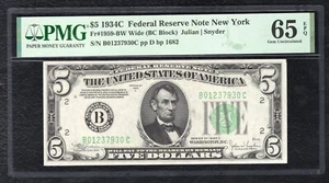 FR. 1959-BW 1934-C $5 FRN FEDERAL RESERVE NOTE NEW YORK, NY PMG GEM UNC-65EPQ - Picture 1 of 2