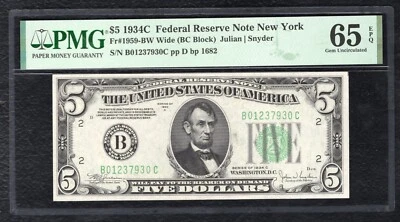 FR. 1959-BW 1934-C $5 FRN FEDERAL RESERVE NOTE NEW YORK, NY PMG GEM UNC-65EPQ - Image 1 of 2