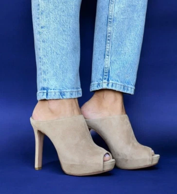 PRADA Beige Suede Open Toe Clog Platform High Heel Mules, Size 38 - Image 1 of 4