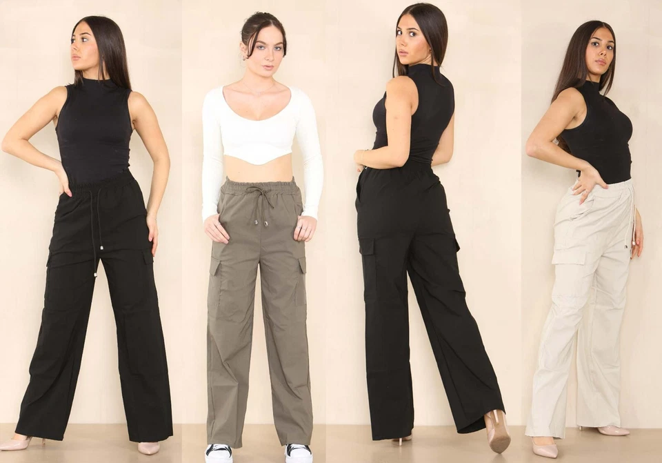 Womens Ladies Cargo Combat wide Leg Trousers in Black cargo bottoms Size 8-16 - Image 1 of 1