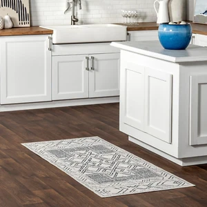 Mia Machine Washable Geometric Medallion Runner Rug, 2' 6" X 8', Light G - Picture 1 of 12