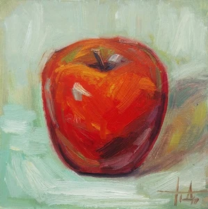 Pintura al óleo original bodegón con manzana roja 5 x 5 pulgadas decoración de cocina - Imagen 1 de 5
