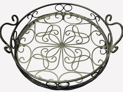 Jamestown Round Tray With Glass Insert, Black Iron Footed, Southern Home Living - Image 1 of 4