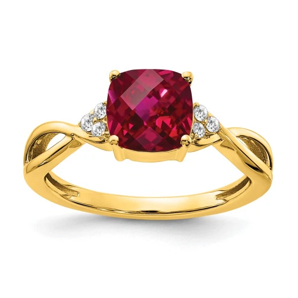 10K Yellow Gold Checkerboard Created Red Ruby Diamond Ring July Birthstone ... - Image 1 of 1