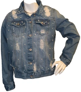 Perlenverzierte Jeansjacke distress Jeansjacke Nauty Blau Größe L - Bild 1 von 22