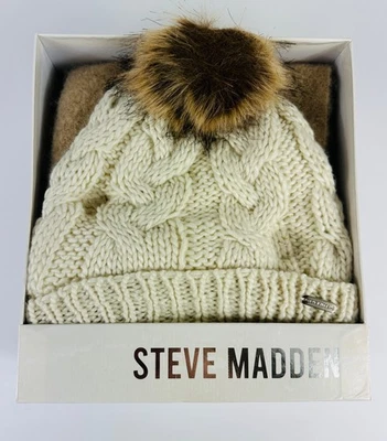 Juego de sombrero y bufanda Steve Madden crema y marrón para mujer O/S Foto 1 de 4