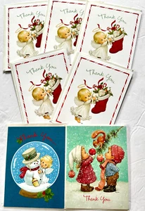 7 VTG 90s Current Ruth Morehead Xmas Thank You Note Cards Holly Babes +Envelopes - Picture 1 of 9