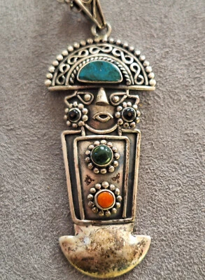 Collana ciondolo vintage argento 925 Tumi messico portafortuna corallo malachite - Immagine 1 di 4