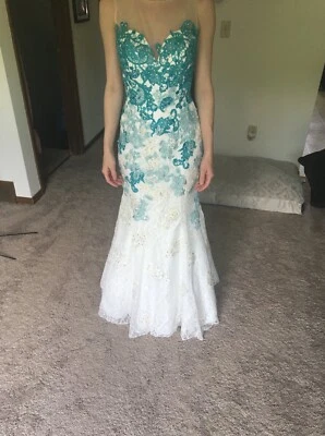 Vestido Rachel Allan blanco/verde azulado talla 0 Foto 1 de 2