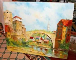 Pintura al óleo impresionista europeas casas puente edificios firmados - Imagen 1 de 11